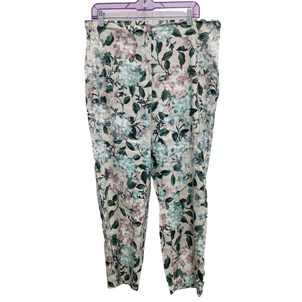 J.JIll Linenโ Stretch Womens Crop Pants Large White Blue Floral Coastal Casual